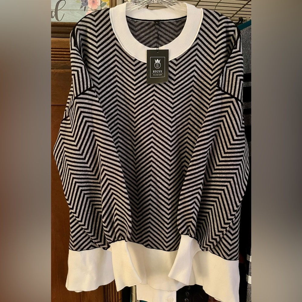 NWT classy meets practical: white collar/cuffed sweater with zig zag stripes.